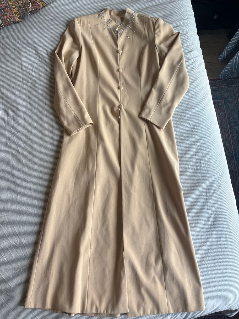 Terramina Long Elegant Tan Khaki Duster Church Jacket Rhinestones Bling Size 8